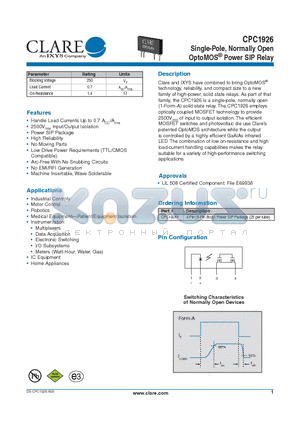 CPC1926 datasheet - OptoMOS^ Power SIP Relay