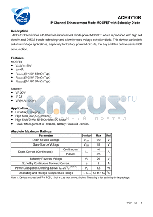 ACE4710B datasheet - P-Channel Enhancement Mode MOSFET with Schottky Diode