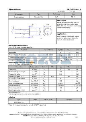 EPD-525-0-1.4 datasheet - Photodiode