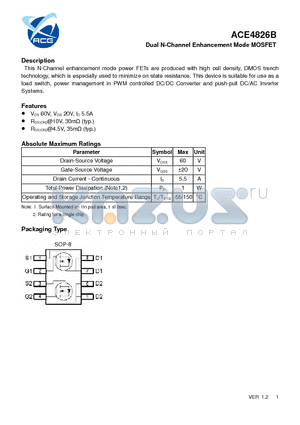 ACE4826B datasheet - Dual N-Channel Enhancement Mode MOSFET