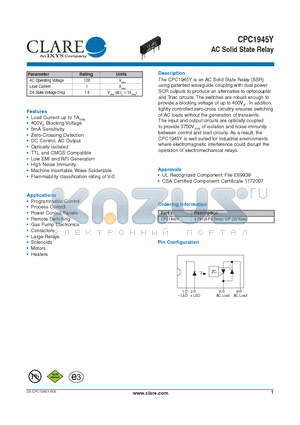 CPC1945Y_11 datasheet - AC Solid State Relay