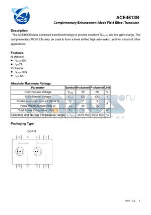 ACE4613B datasheet - Complementary Enhancement Mode Field Effect Transistor