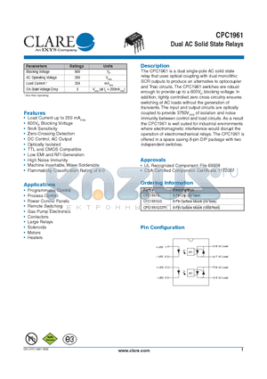 CPC1961 datasheet - Dual AC Solid State Relays