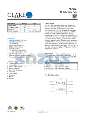 CPC1961G datasheet - AC Solid State Relay