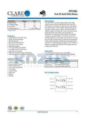 CPC1961GSTR datasheet - Dual AC Solid State Relays