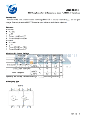 ACE4614B datasheet - 30V Complementary Enhancement Mode Field Effect Transistor
