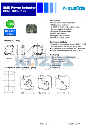 CDRH104RT125NP-3R6PC datasheet - Power Inductor