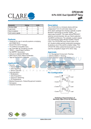 CPC2014N datasheet - 8-Pin SOIC Dual OptoMOS^ Relay
