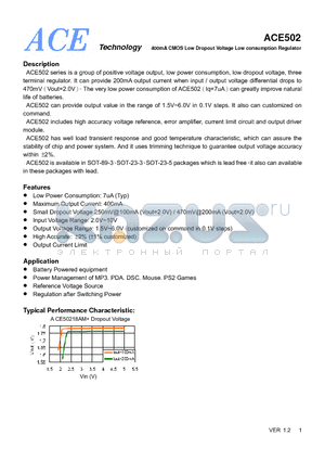 ACE50222BM+ datasheet - 400mA CMOS Low Dropout Voltage Low consumption Regulator