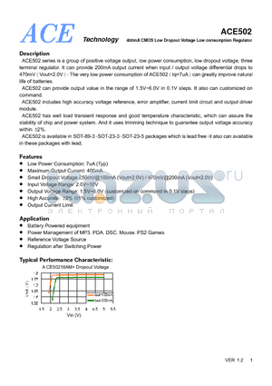 ACE502 datasheet - 400mA CMOS Low Dropout Voltage Low consumption Regulator
