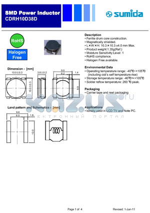 CDRH10D38DNP-221MC datasheet - Ferrite drum core construction