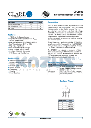 CPC5603 datasheet - N-Channel Depletion Mode FET