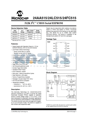 24LC515T-I/SM datasheet - 512K I2C CMOS Serial EEPROM
