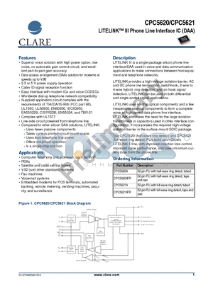 CPC5621ATR datasheet - LITELINK III Phone Line Interface IC (DAA)