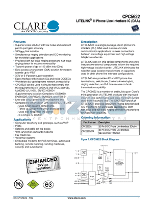 CPC5622A datasheet - LITELINK^ III Phone Line Interface IC (DAA)