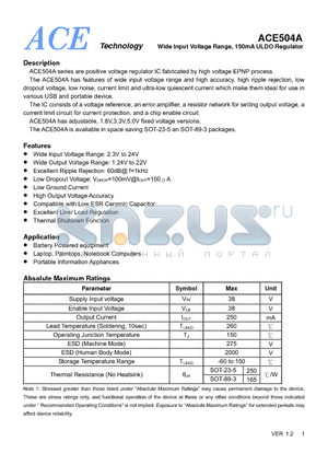 ACE504A datasheet - Wide Input Voltage Range, 150mA ULDO Regulator