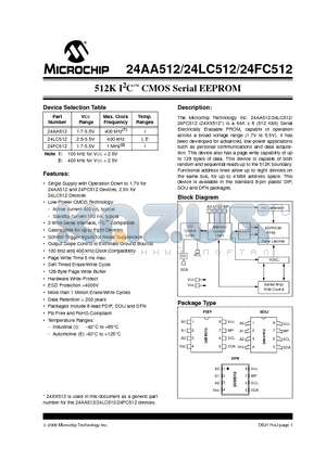 24LC512T-I/P datasheet - 512K I2C CMOS Serial EEPROM