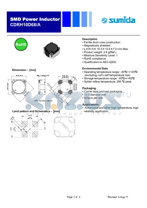 CDRH10D68/ANP-150MC datasheet - Ferrite drum core construction