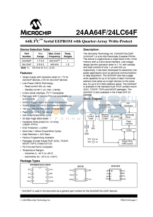 24LC64F datasheet - 64K I2C Serial EEPROM with Quarter-Array Write-Protect