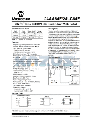 24LC64F-E/P datasheet - 64K I2C Serial EEPROM with Quarter-Array Write-Protect