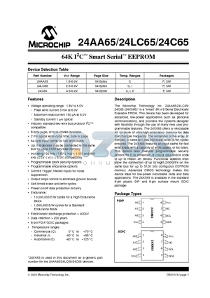 24LC65-/P datasheet - 64K 1.8V I2C  Smart Serial O EEPROM
