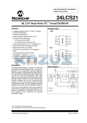24LCS21T-/P datasheet - 1K 2.5V Dual Mode I 2 C Serial EEPROM