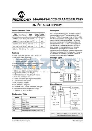 24LCS52IMSG datasheet - 2K 2.2V I2C Serial EEPROM with Software Write-Protect