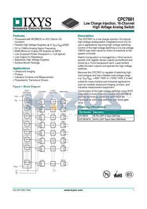 CPC7601 datasheet - Low Charge Injection, 16-Channel High Voltage Analog Switch