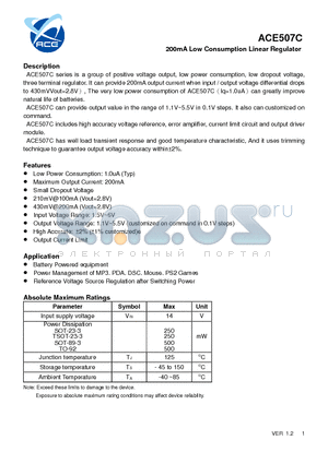 ACE507C datasheet - 200mA Low Consumption Linear Regulator