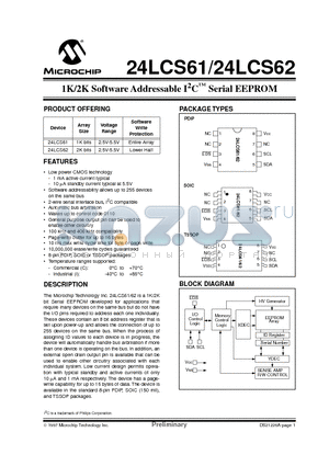 24LCS61 datasheet - 1K/2K Software Addressable I 2 C  Serial EEPROM