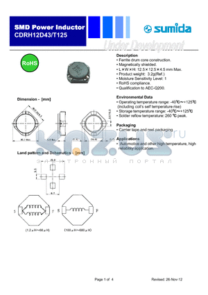 CDRH12D43T125NP-1R2PC datasheet - Ferrite drum core construction