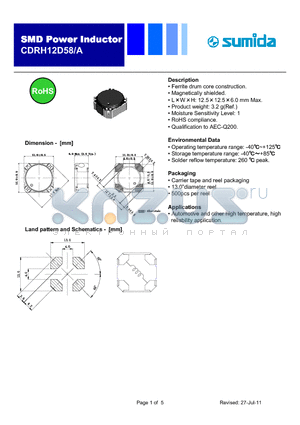 CDRH12D58/ANP-220MC datasheet - Ferrite drum core construction