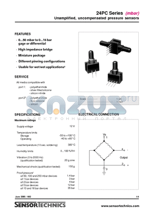 24PC0100D2A10 datasheet - Unamplified, uncompensated pressure sensors