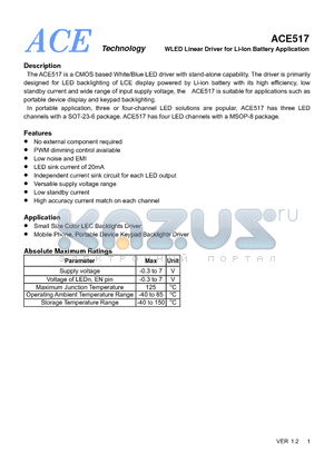 ACE517 datasheet - WLED Linear Driver for Li-lon Battery Application