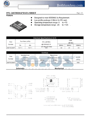 24ST0028AP datasheet - 10/100 PC CARD LAN MAGNETICS