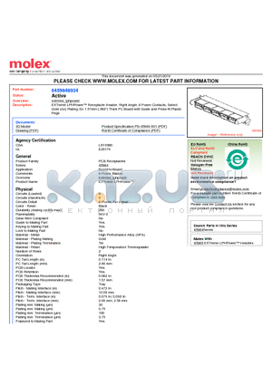 45984-8934 datasheet - EXTreme LPHPower Receptacle Header, Right Angle, 8 Power Contacts, Select Gold (Au) Plating, for 1.57mm (.062