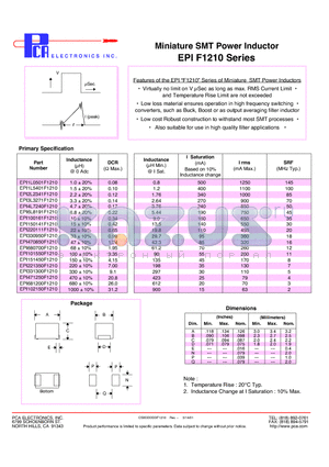 EPI221350F1210 datasheet - Miniature SMT Power Inductor
