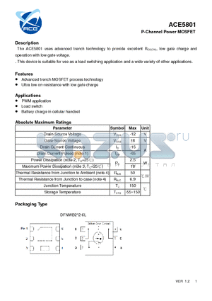 ACE5801 datasheet - P-Channel Power MOSFET