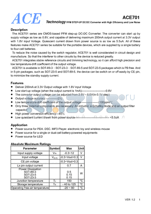 ACE701 datasheet - PFM STEP-UP DC/DC Converter with High Efficiency and Low Noise