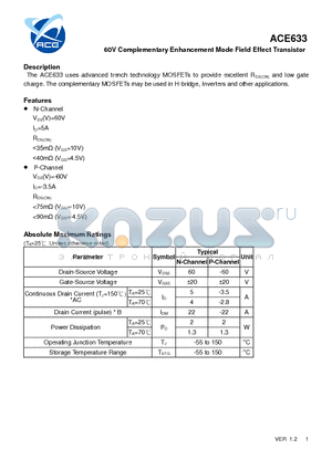 ACE633 datasheet - 60V Complementary Enhancement Mode Field Effect Transistor