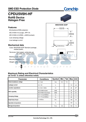 CPDU5V0H-HF datasheet - SMD ESD Protection Diode