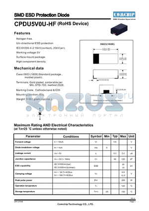 CPDU5V0U-HF datasheet - SMD ESD Protection Diode