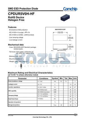 CPDUR5V0H-HF datasheet - SMD ESD Protection Diode