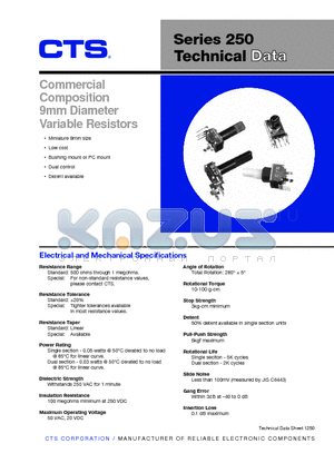 250 datasheet - Commercial Composition 9mm Diameter Variable Resistors