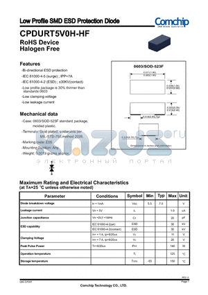 CPDURT5V0H-HF datasheet - Low Profile SMD ESD Protection Diode