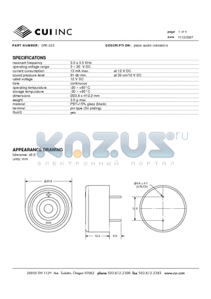 CPE-223 datasheet - piezo audio indicators