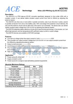 ACE70320AN+ datasheet - White LED PFM Step-Up DC-DC Converter