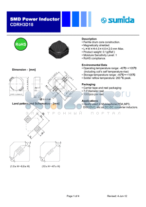 CDRH3D18NP-2R2NC datasheet - Ferrite drum core construction.