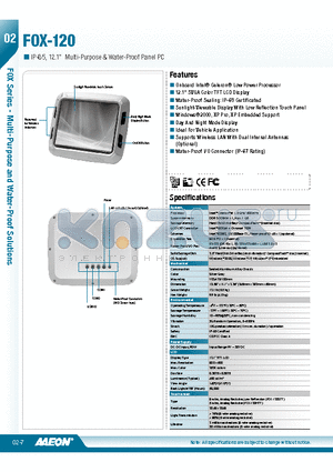 FOX-120 datasheet - IP-65, 12.1 Multi-Purpose & Water-Proof Panel PC