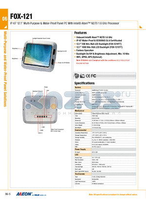 FOX-121 datasheet - IP-67 12.1 Multi-Purpose & Water-Proof Panel PC With Intel Atom N270 1.6 GHz Processor